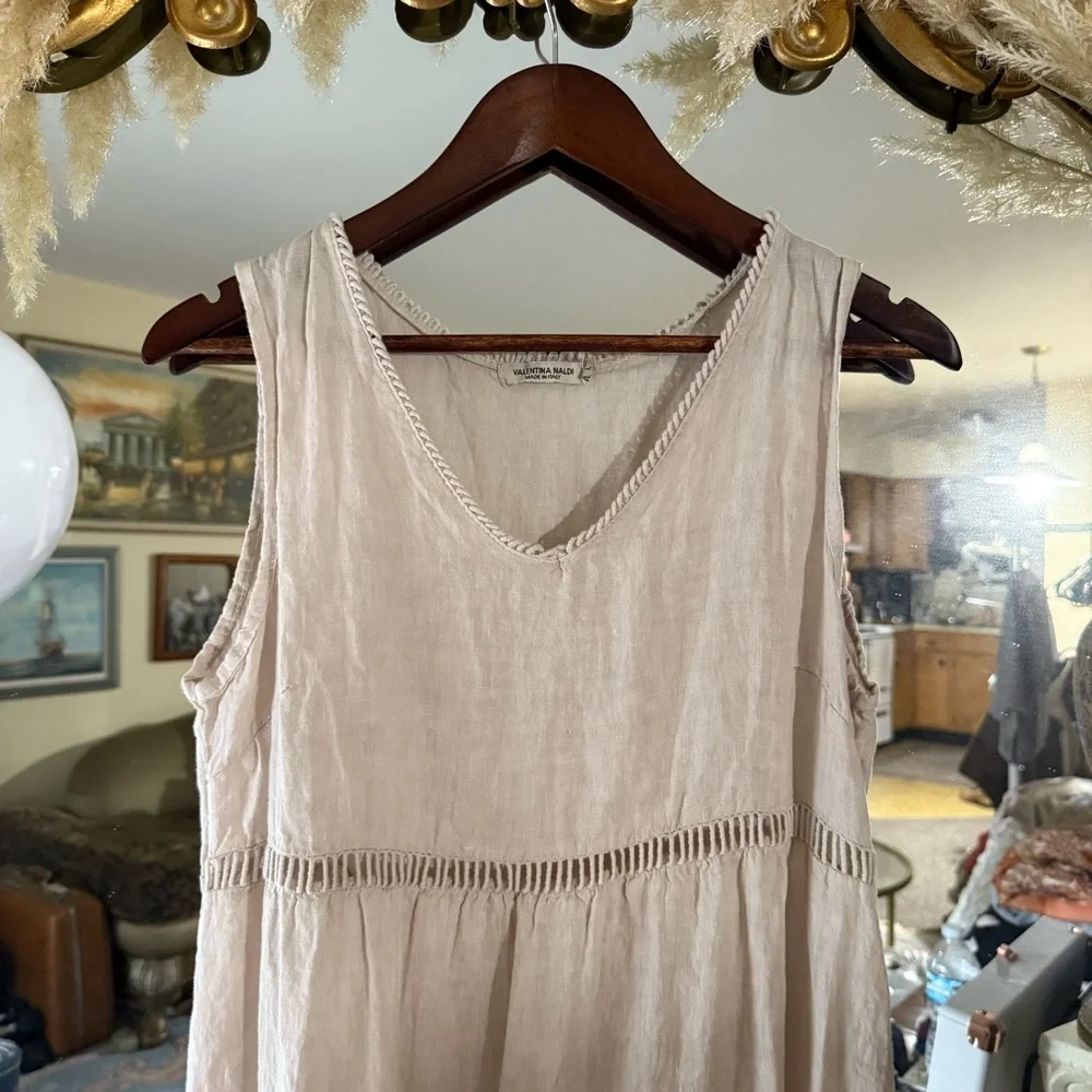 Valentina Naldi 100% Linen Beige Tiered Sleeveless Dress Made in Italy - Picture 2 of 13